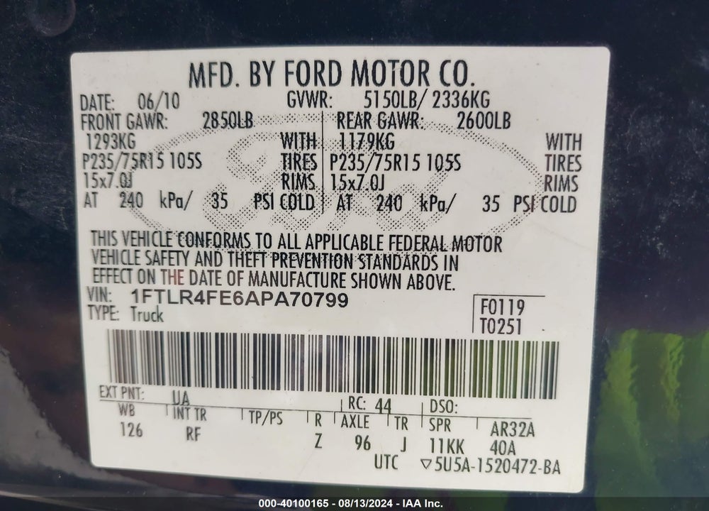 2010 FORD RANGER XLT VIN: 1FTLR4FE6APA70799