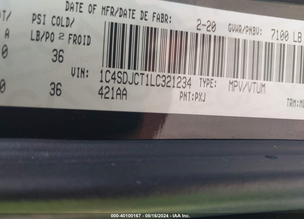 2020 DODGE DURANGO R/T VIN: 1C4SDJCT1LC321234