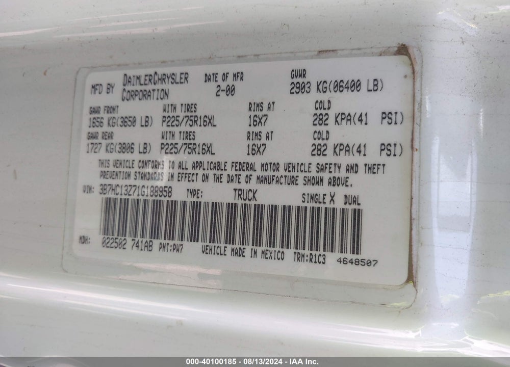 2001 DODGE RAM 1500 ST VIN: 3B7HC13Z71G188958