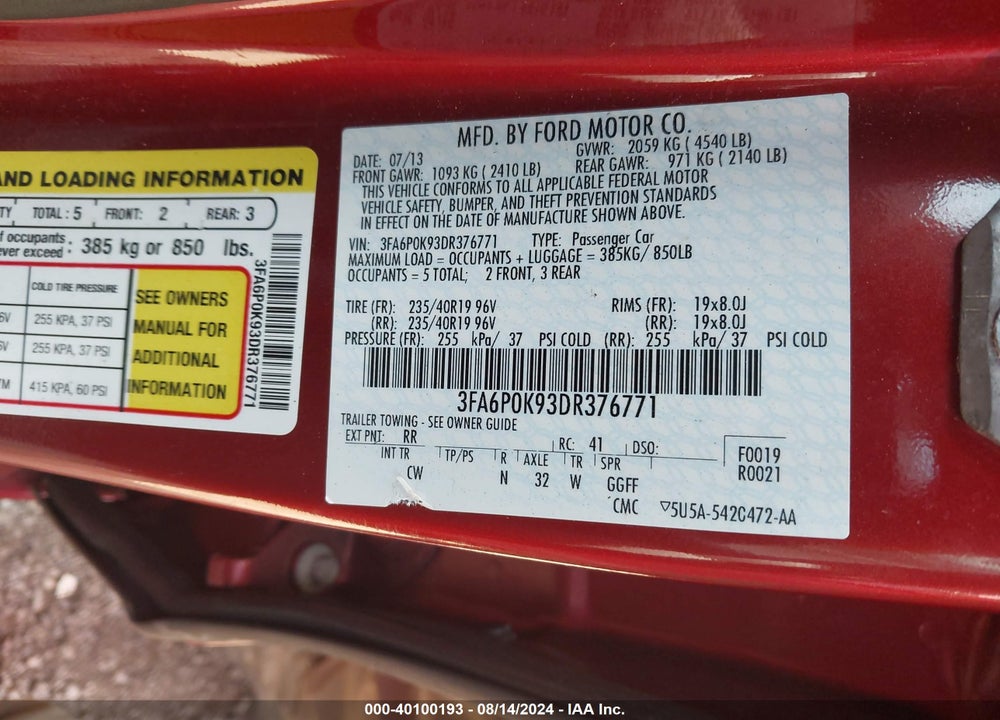 2013 FORD FUSION TITANIUM VIN: 3FA6P0K93DR376771