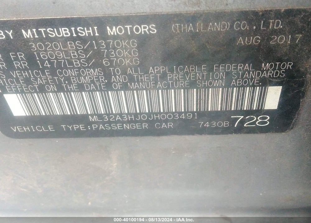 2018 MITSUBISHI MIRAGE ES VIN: ML32A3HJ0JH003491