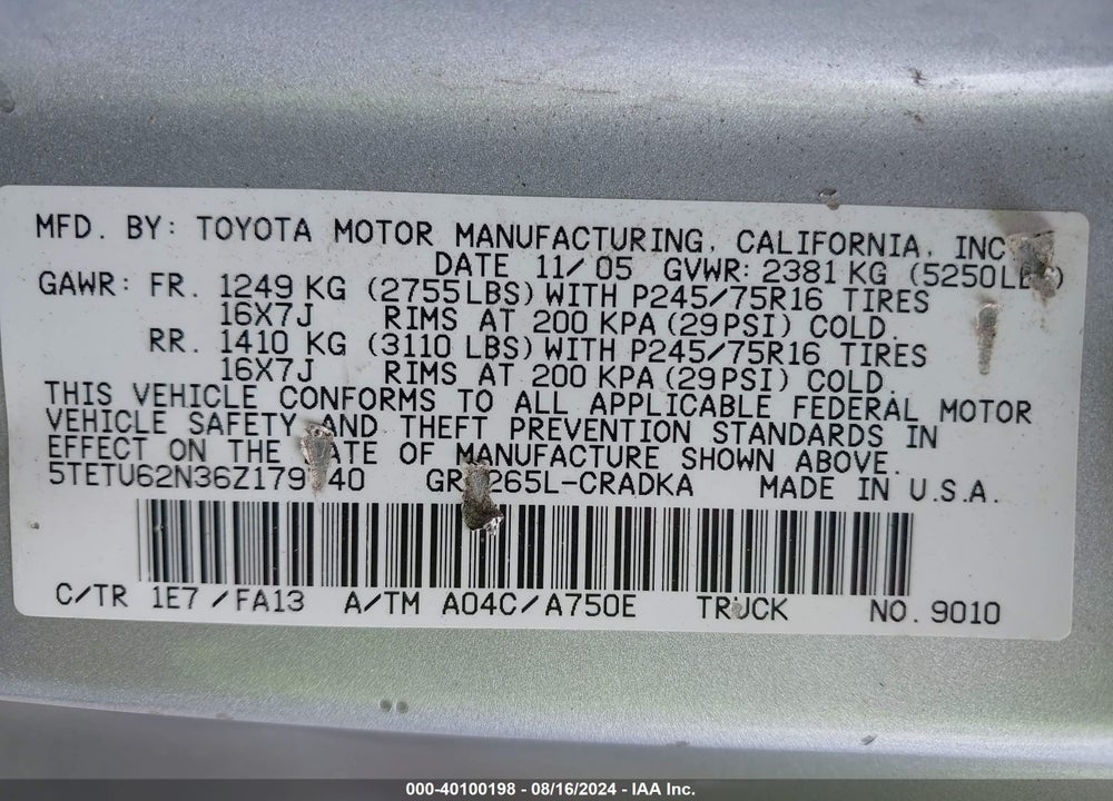 2006 TOYOTA TACOMA PRERUNNER V6 VIN: 5TETU62N36Z179740