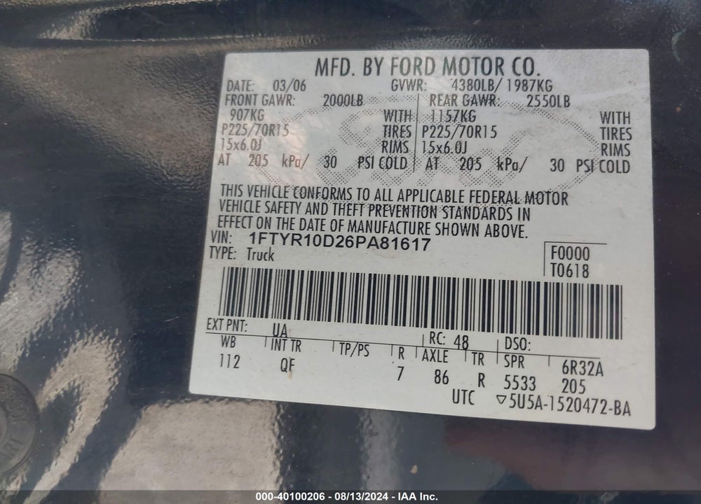 2006 FORD RANGER XL/XLT VIN: 1FTYR10D26PA81617