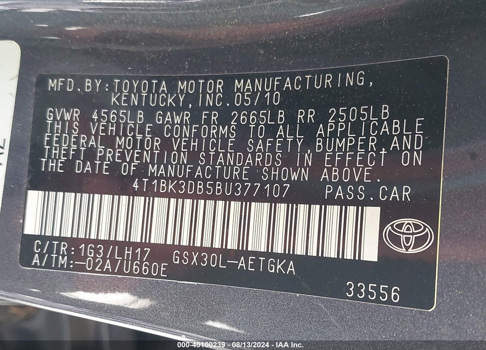 2011 TOYOTA AVALON VIN: 4T1BK3DB5BU377107