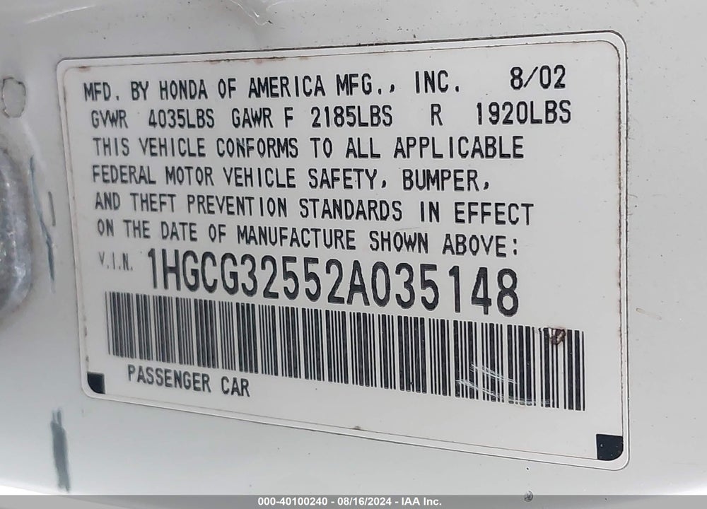 2002 HONDA ACCORD 2.3 EX VIN: 1HGCG32552A035148