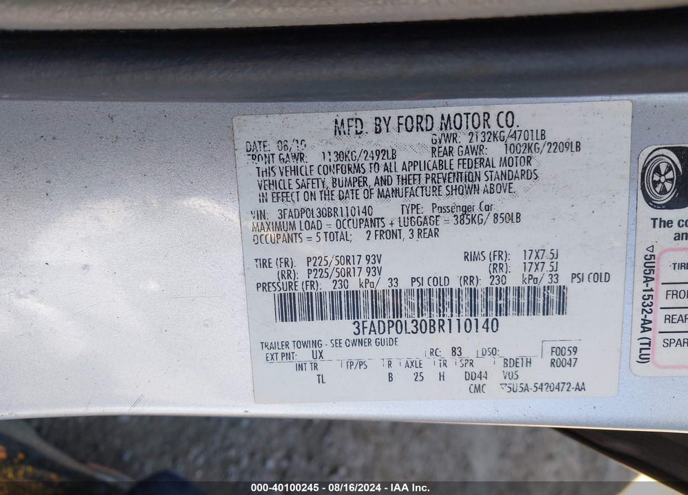 2011 FORD FUSION HYBRID VIN: 3FADP0L30BR110140