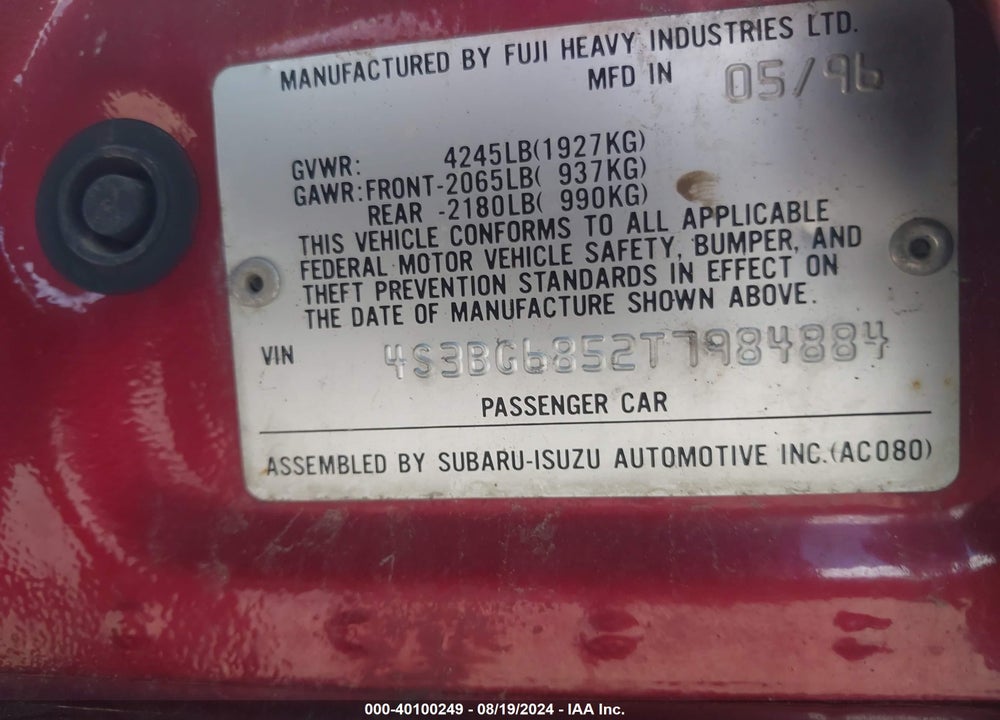 1996 SUBARU LEGACY OUTBACK VIN: 4S3BG6852T7984884