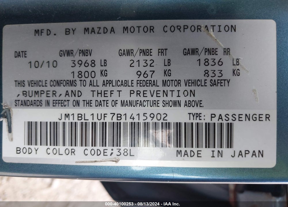2011 MAZDA 3 I SPORT VIN: JM1BL1UF7B1415902
