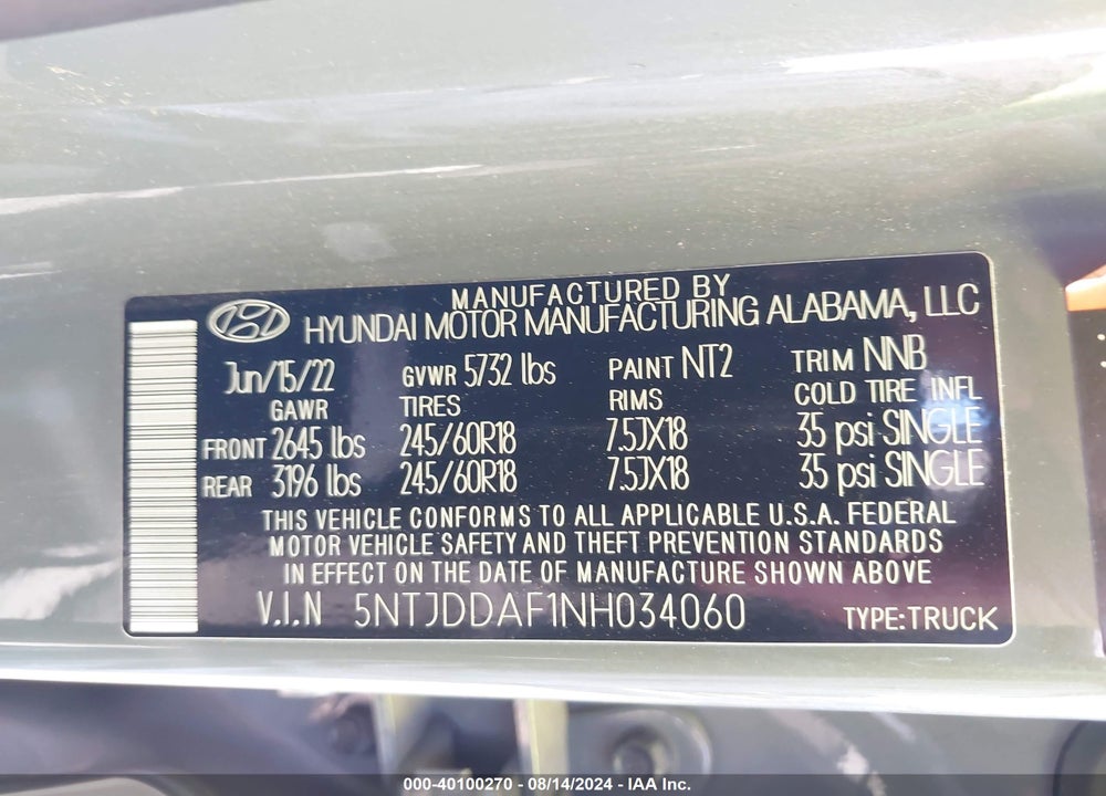 2022 HYUNDAI SANTA CRUZ SEL PREMIUM VIN: 5NTJDDAF1NH034060