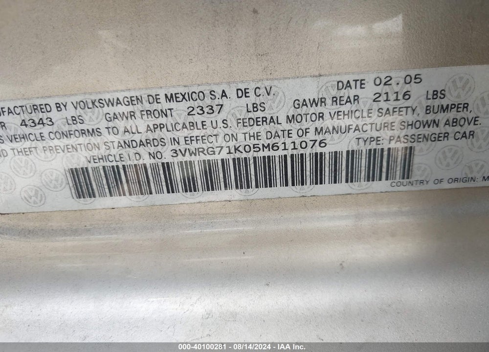 2005 VOLKSWAGEN JETTA 2.5 VIN: 3VWRG71K05M611076