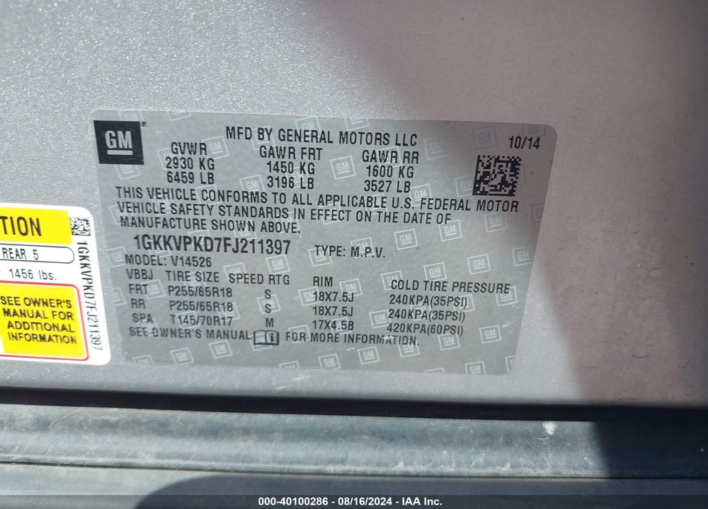 2015 GMC ACADIA SLE-2 VIN: 1GKKVPKD7FJ211397