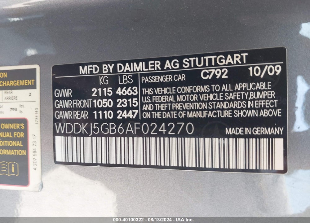 2010 MERCEDES-BENZ E 350 VIN: WDDKJ5GB6AF024270