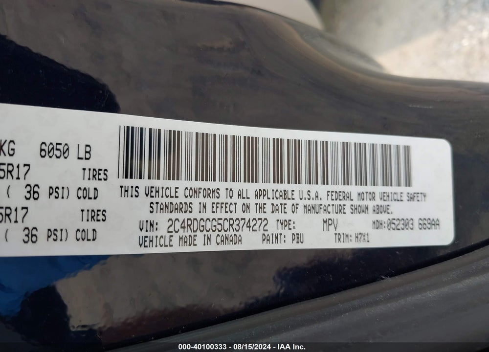 2012 DODGE GRAND CARAVAN VIN: 2C4RDGCG5CR374272