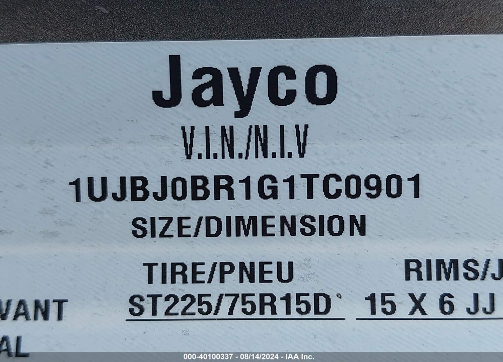 2016 JAYCO JAY FLIGHT M-28 BHBE VIN: 1UJBJ0BR1G1TC0901