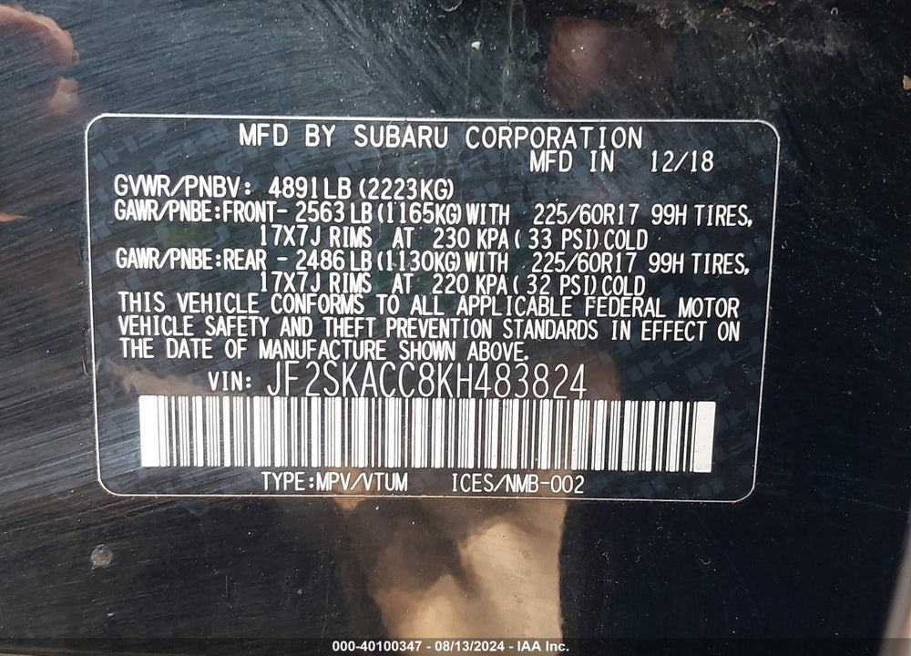 2019 SUBARU FORESTER VIN: JF2SKACC8KH483824