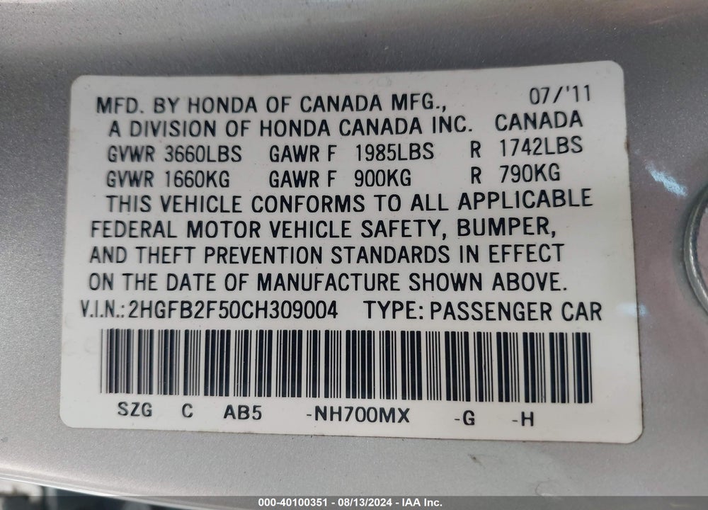 2012 HONDA CIVIC LX VIN: 2HGFB2F50CH309004