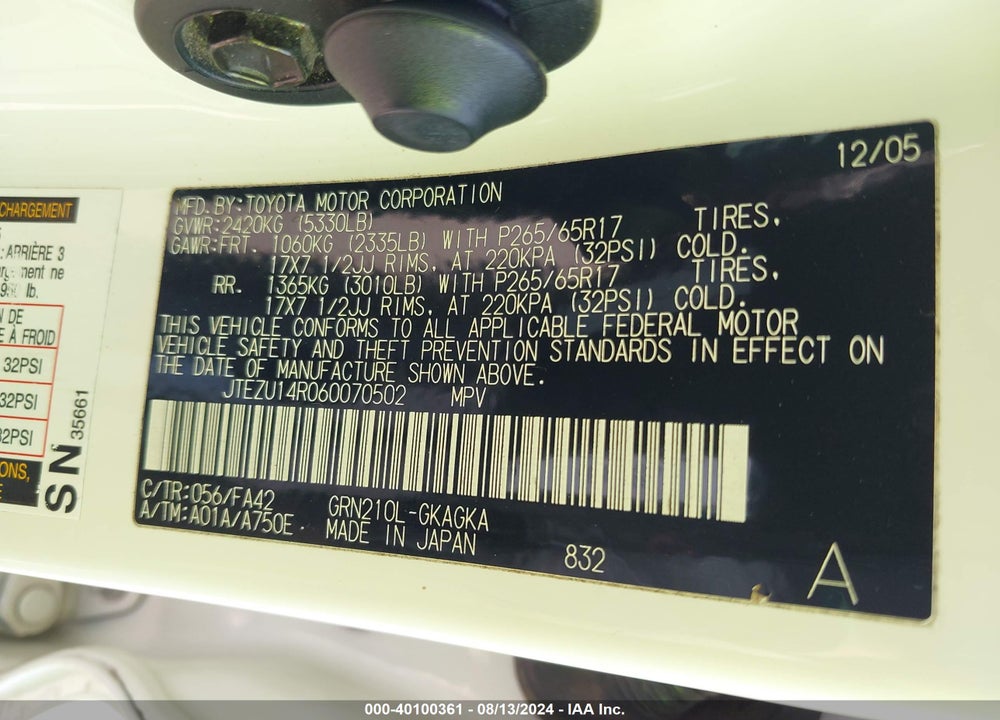 2006 TOYOTA 4RUNNER SR5 V6 VIN: JTEZU14R060070502