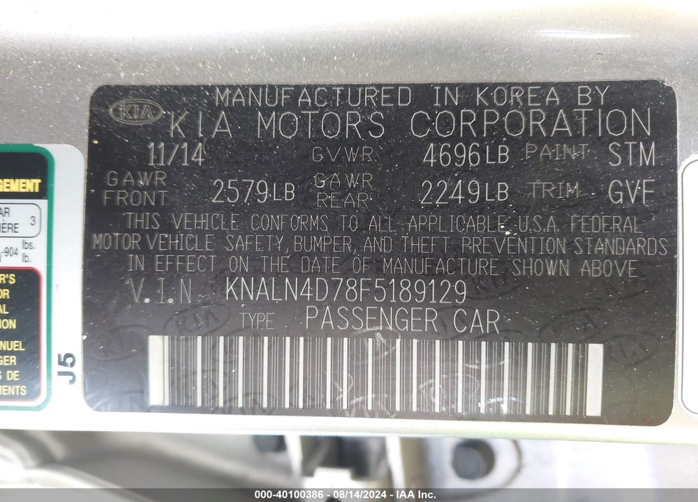 2015 KIA CADENZA PREMIUM VIN: KNALN4D78F5189129