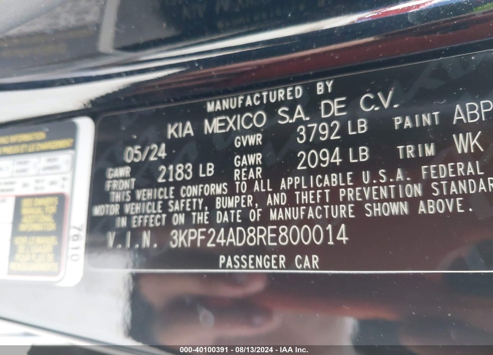 2024 KIA FORTE LXS VIN: 3KPF24AD8RE800014