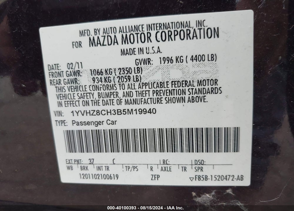 2011 MAZDA 6 I TOURING VIN: 1YVHZ8CH3B5M19940