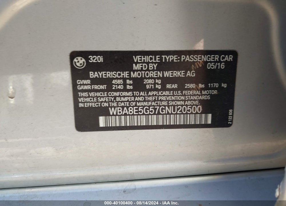2016 BMW 320I XDRIVE VIN: WBA8E5G57GNU20500