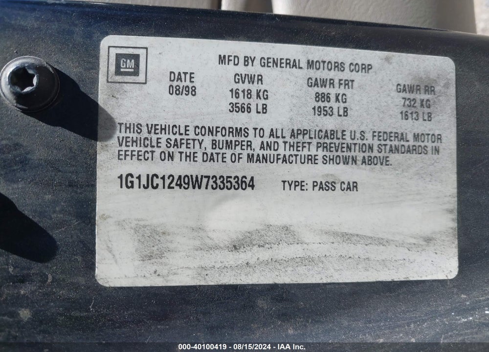1998 CHEVROLET CAVALIER BASE CMI VIN: 1G1JC1249W7335364