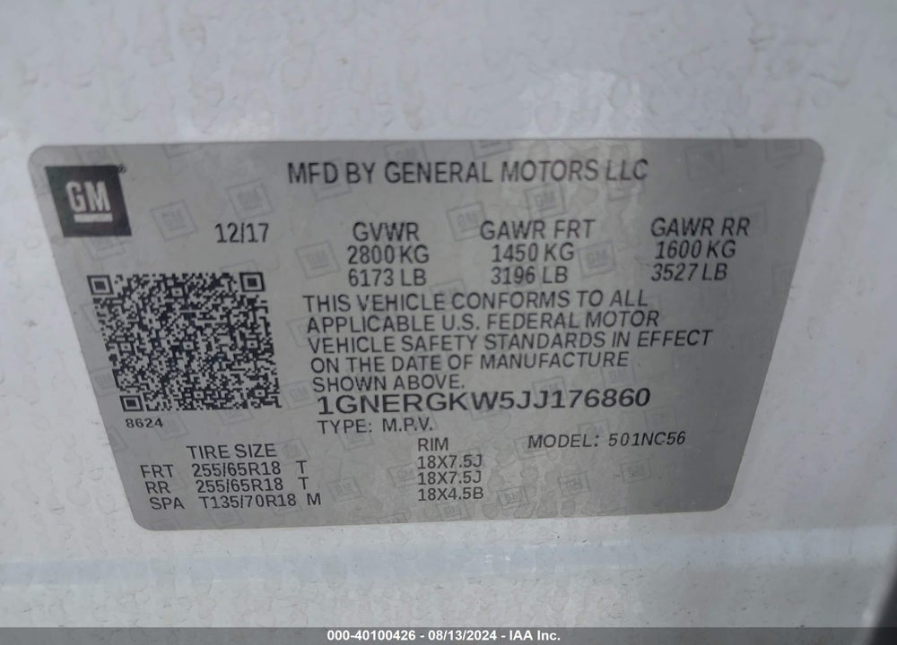 2018 CHEVROLET TRAVERSE VIN: 1GNERGKW5JJ176860