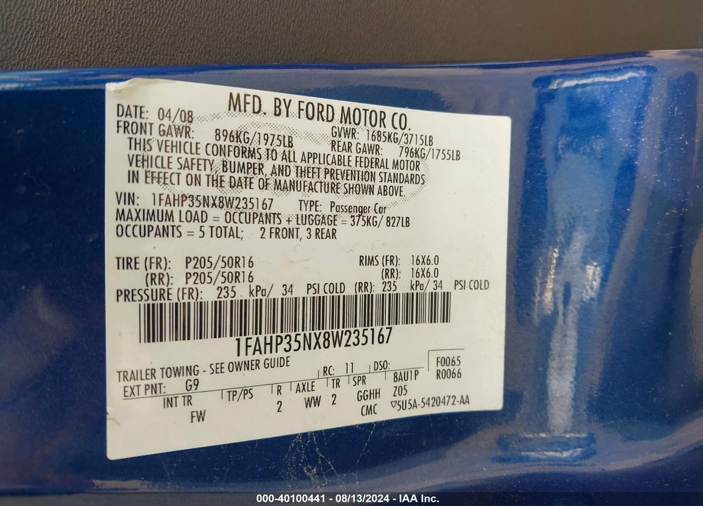 2008 FORD FOCUS SE/SES VIN: 1FAHP35NX8W235167