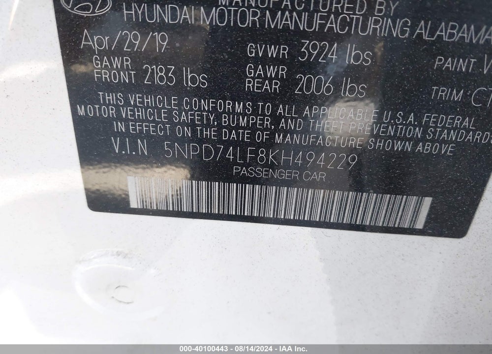 2019 HYUNDAI ELANTRA SE VIN: 5NPD74LF8KH494229