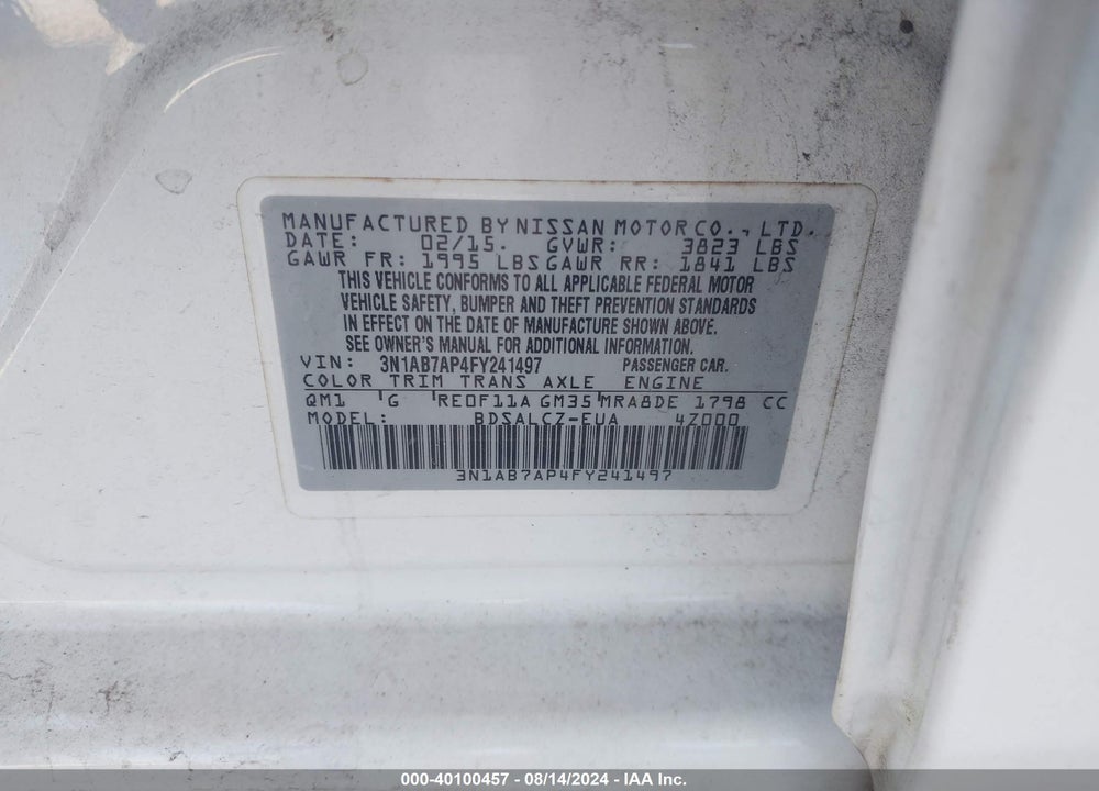 2015 NISSAN SENTRA FE+ S/S/SL/SR/SV VIN: 3N1AB7AP4FY241497