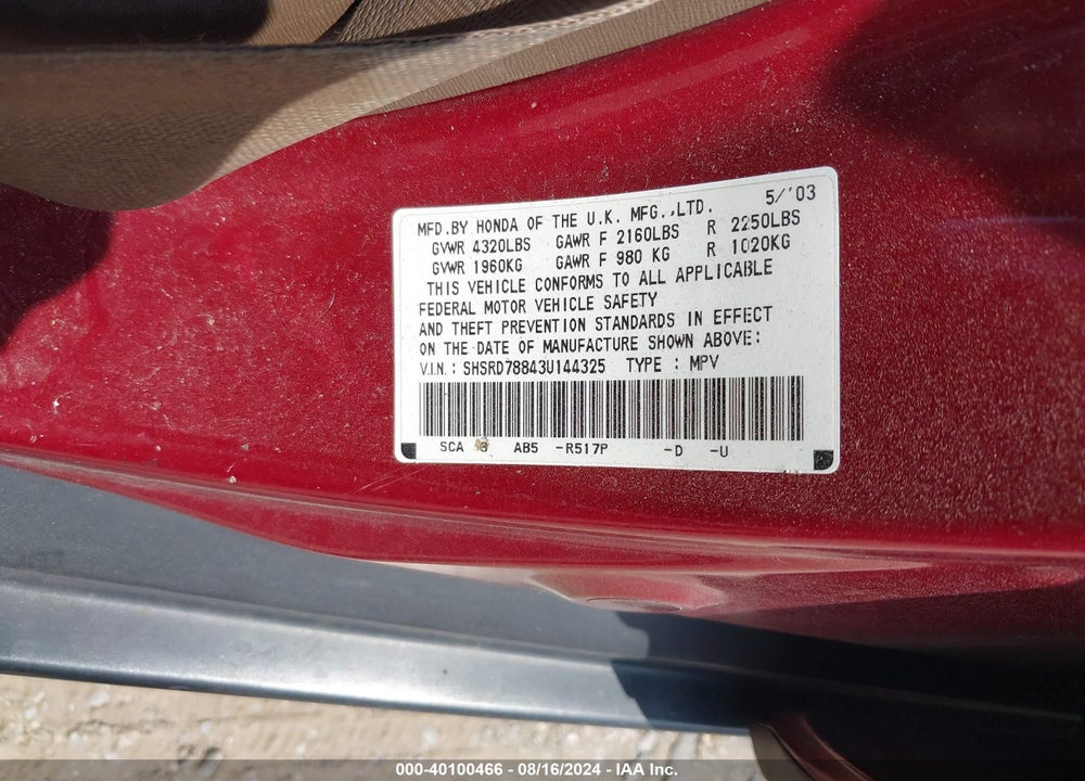 2003 HONDA CR-V VIN: SHSRD78843U144325