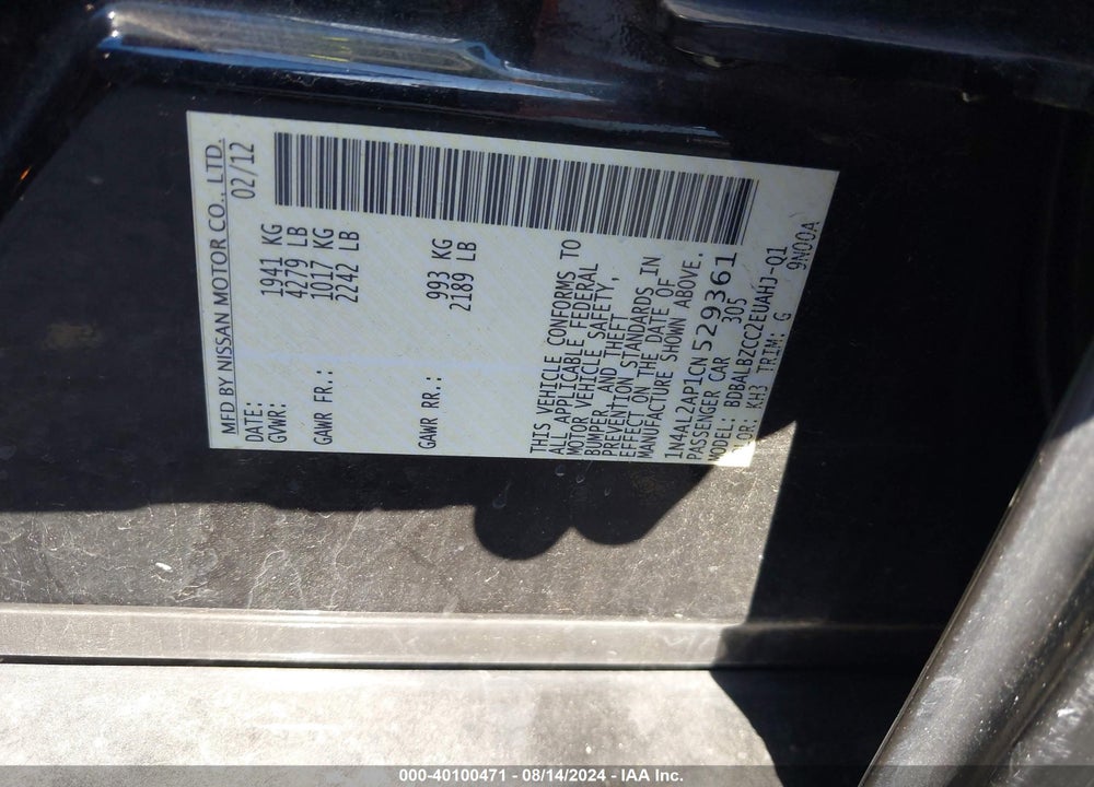 2012 NISSAN ALTIMA 2.5 S VIN: 1N4AL2AP1CN529361