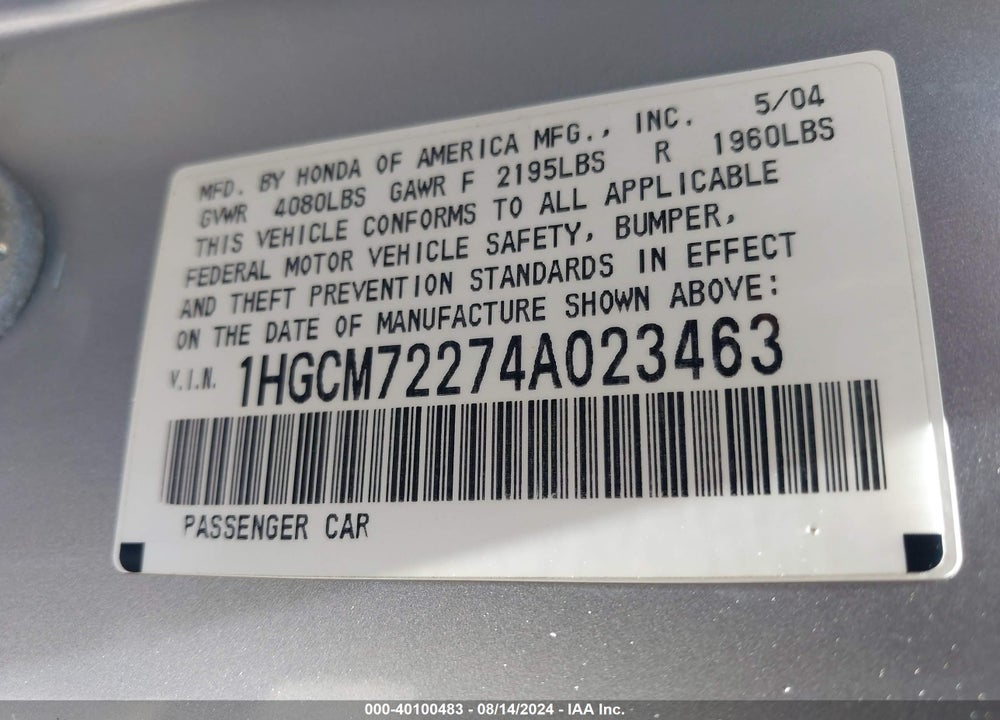 2004 HONDA ACCORD 2.4 LX VIN: 1HGCM72274A023463