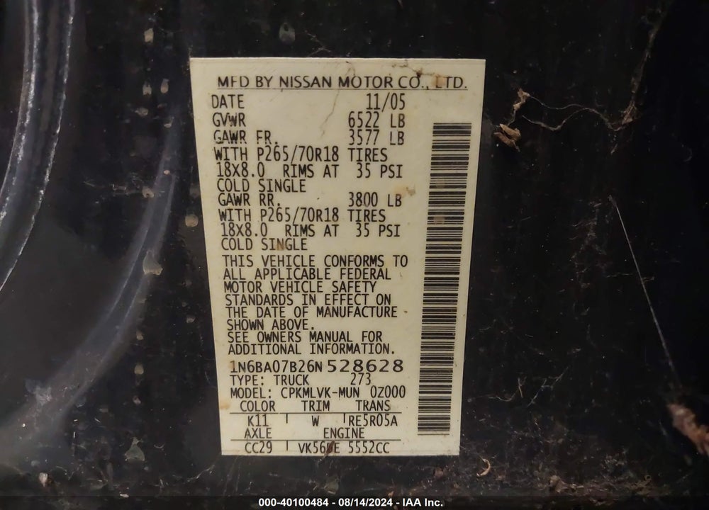 2006 NISSAN TITAN LE VIN: 1N6BA07B26N528628