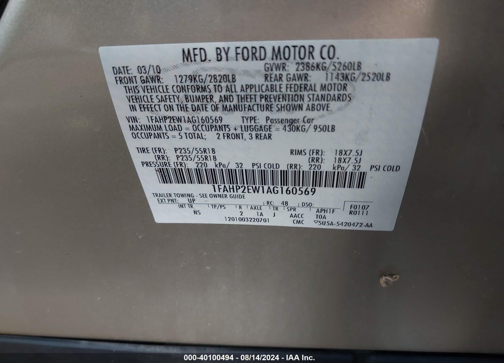2010 FORD TAURUS SEL VIN: 1FAHP2EW1AG160569