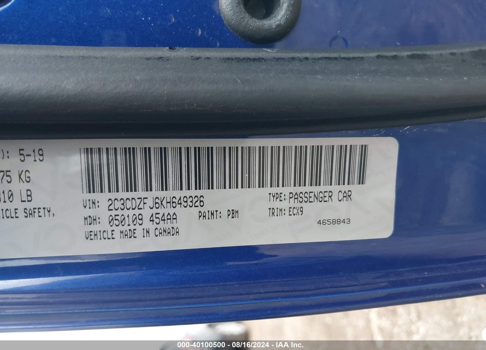 2019 DODGE CHALLENGER R/T SCAT PACK VIN: 2C3CDZFJ6KH649326