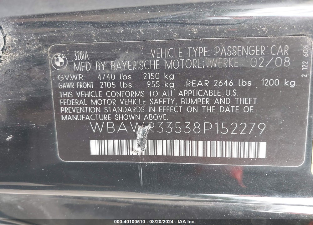 2008 BMW 328I VIN: WBAWR33538P152279
