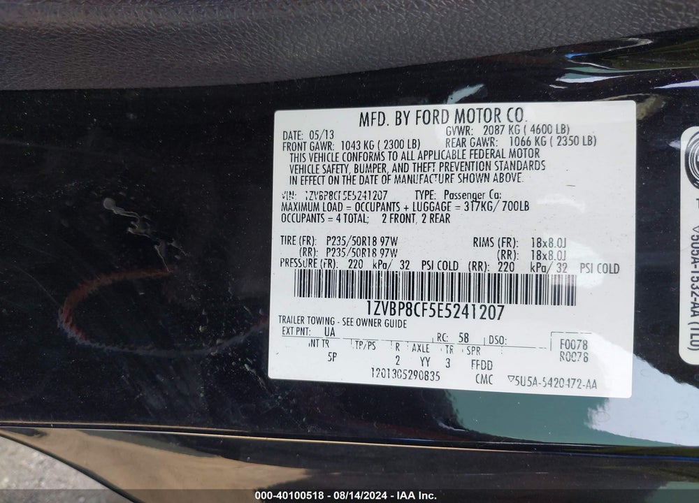 2014 FORD MUSTANG GT PREMIUM VIN: 1ZVBP8CF5E5241207