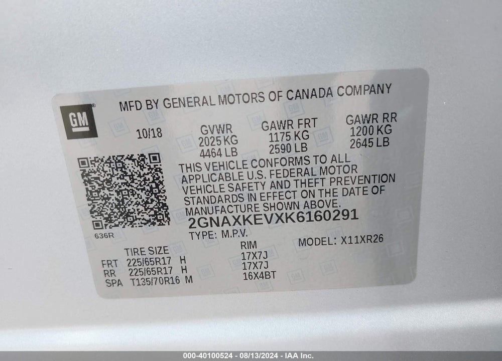 2019 CHEVROLET EQUINOX LT VIN: 2GNAXKEVXK6160291