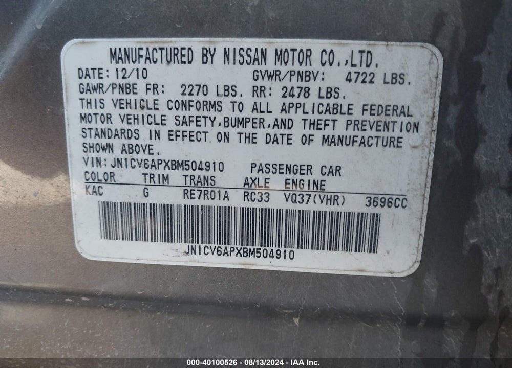 2011 INFINITI G37 JOURNEY VIN: JN1CV6APXBM504910