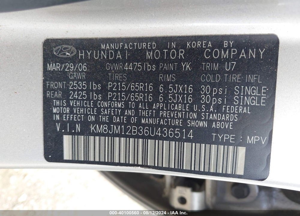 2006 HYUNDAI TUCSON GL VIN: KM8JM12B36U436514
