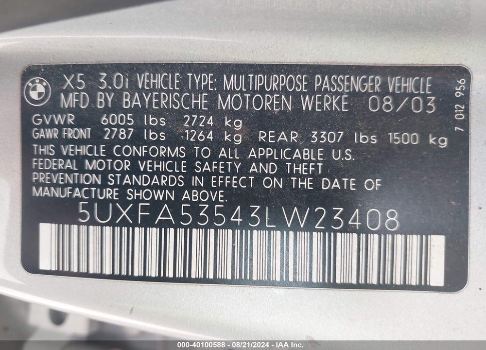 2003 BMW X5 3.0I VIN: 5UXFA53543LW23408