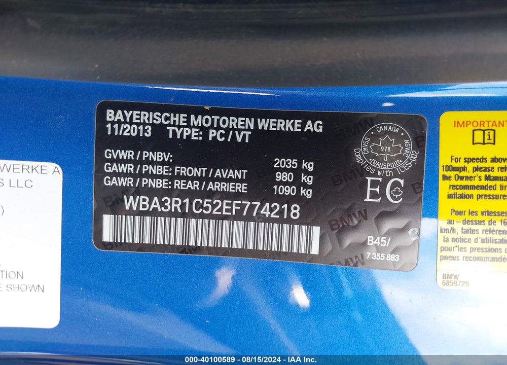 2014 BMW 435I VIN: WBA3R1C52EF774218