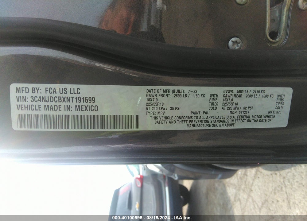 2022 JEEP COMPASS LIMITED 4X4 VIN: 3C4NJDCBXNT191699