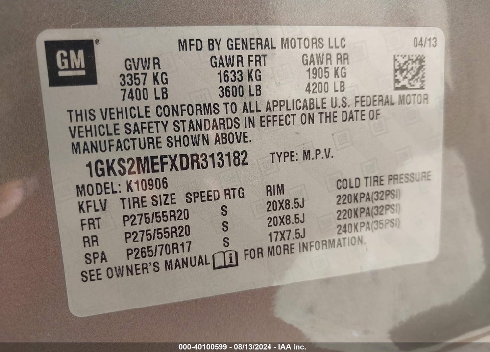 2013 GMC YUKON XL 1500 DENALI VIN: 1GKS2MEFXDR313182