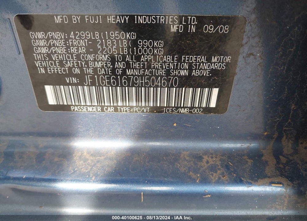 2009 SUBARU IMPREZA 2.5I VIN: JF1GE61679H504670