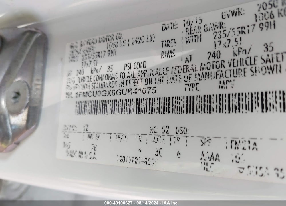 2016 FORD ESCAPE SE VIN: 1FMCU0GX6GUB41075