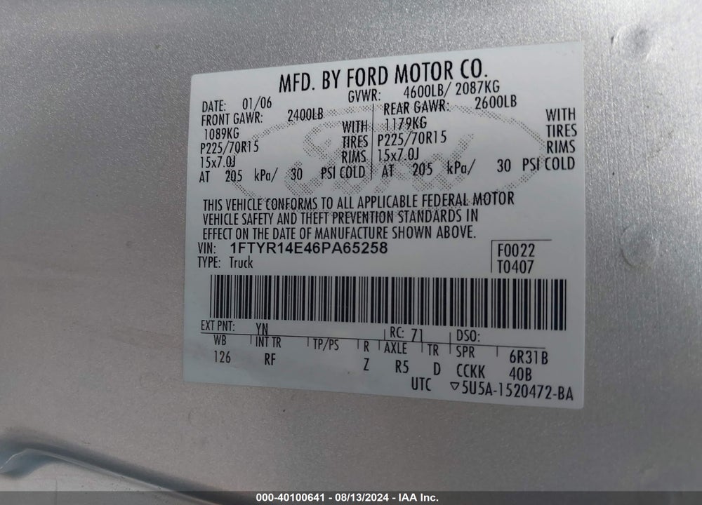 2006 FORD RANGER SPORT/STX/XL/XLT VIN: 1FTYR14E46PA65258