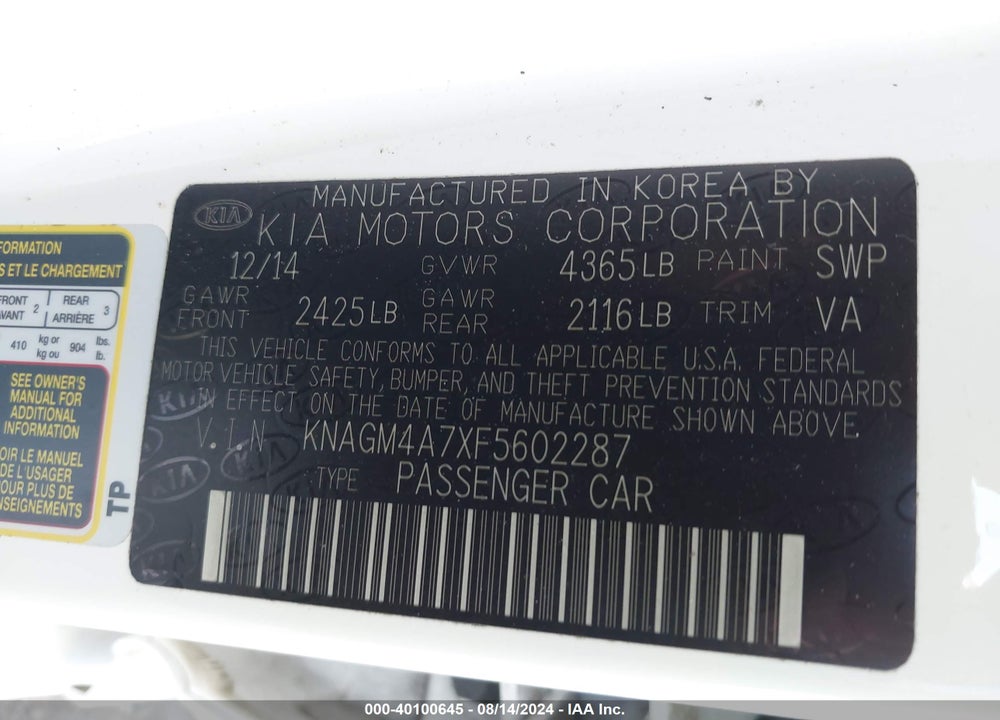 2015 KIA OPTIMA LX VIN: KNAGM4A7XF5602287