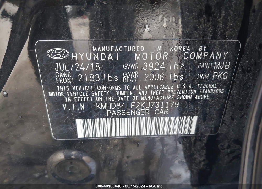 2019 HYUNDAI ELANTRA SEL VIN: KMHD84LF2KU731179